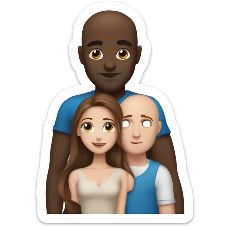 Beautiful Girl with blue eyes and long brown hair and boy with brown hair cuddling, Bald black man  sticker