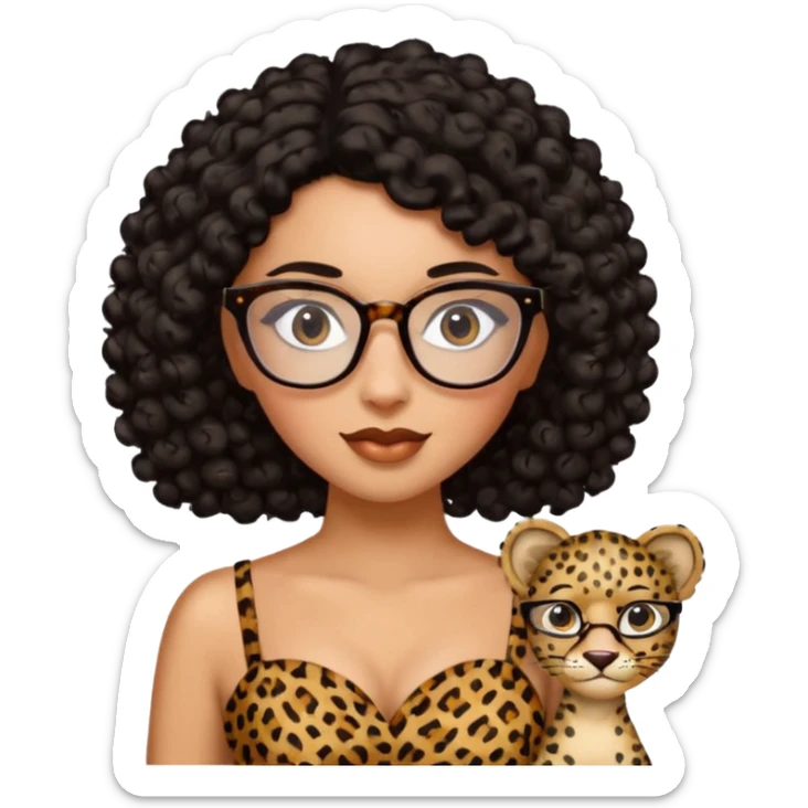A women who wears glasses with a black curly hair, in a leopard print dress sweetheart neckline  sticker