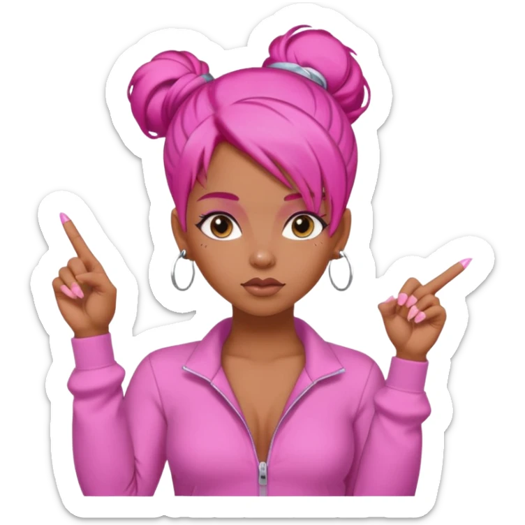 Brownskin girl , pink hair , edges ,  sassy looking pointing at the sky while pouting, pink nails, hair a slick back bun, with a pink jumpsuit  sticker