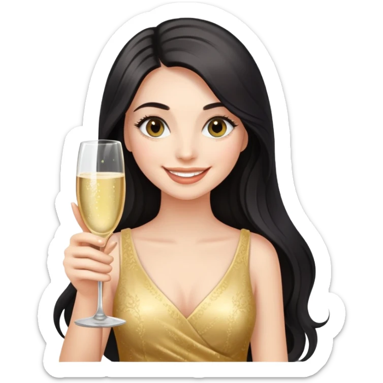 Smiling girl with long dark hair and bold eyelashes holding champagne glass sticker
