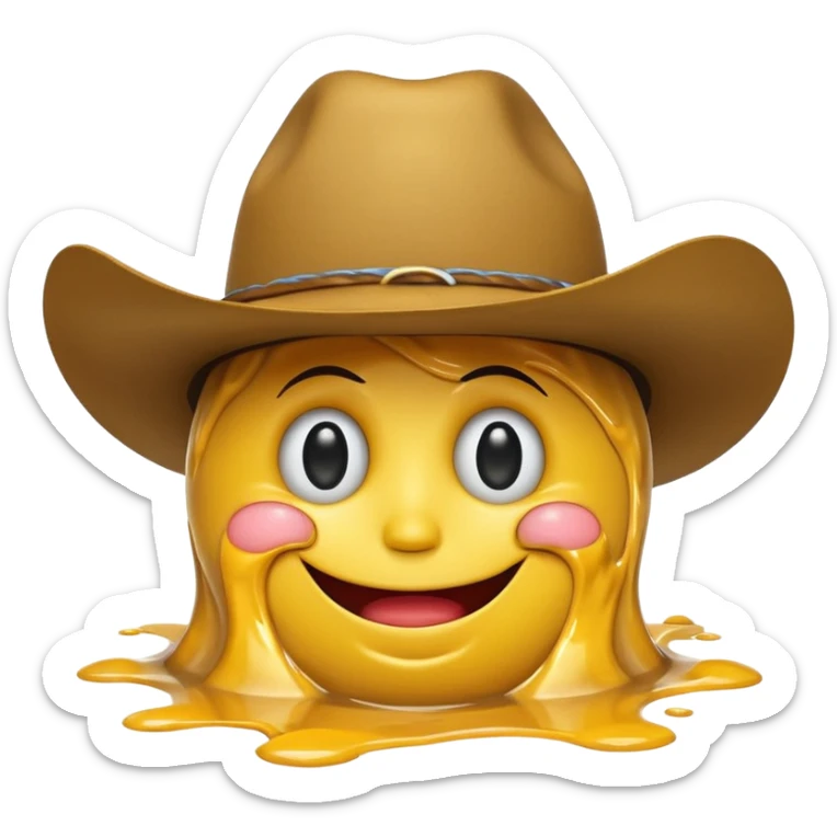 A yellow smiley face melting into a puddle. 

The eyes and mouth slip down the face, yet still maintain a distorted smile. The face is wearing a cowboy hat. sticker
