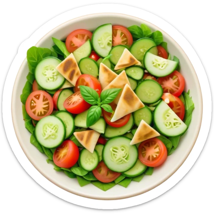 Cinematic Realistic Fattoush Salad Dish Emoji, depicted as a colorful medley of greens, tomatoes, cucumbers, and crispy pita rendered with vibrant textures and refreshing lighting. sticker