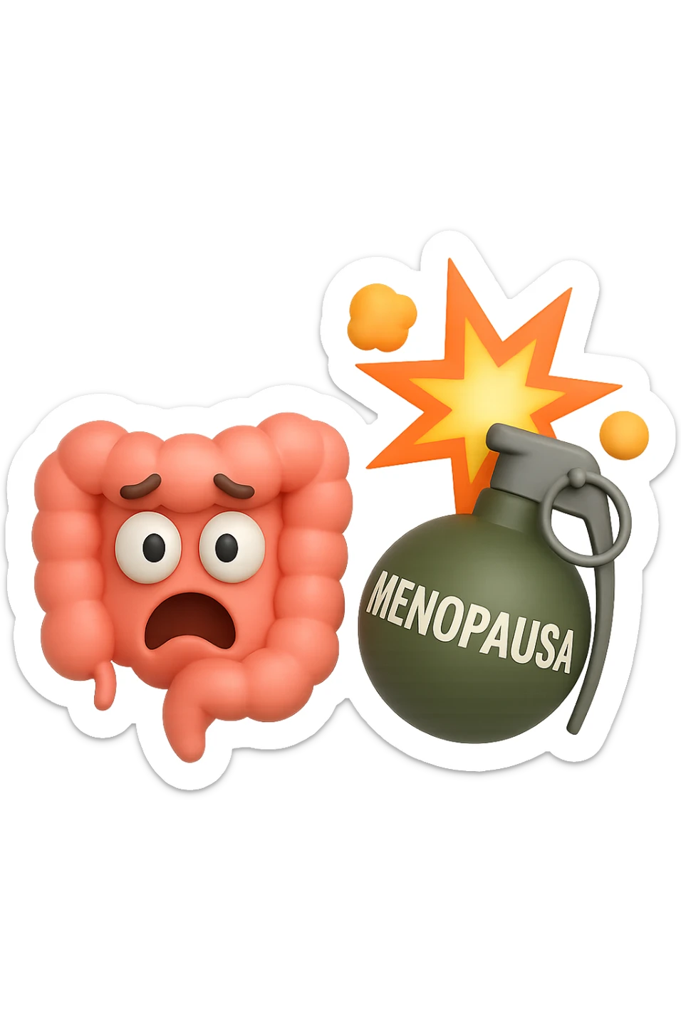 EMOJI STILE IPHONE 3D DI INTESTINO 3D CON ESPRESSIONE SPAVENTATA IN VOLTO MENTRE ACCANTO A LUI SCOPPIA UNA GRANATA 3D CON LA SCRITTA "MENOPAUSA" SOPRA, FAGLI ANCHE LA PARTE BIANCA DEGLI OCCHI, NON SOLO LA PUPILLA sticker