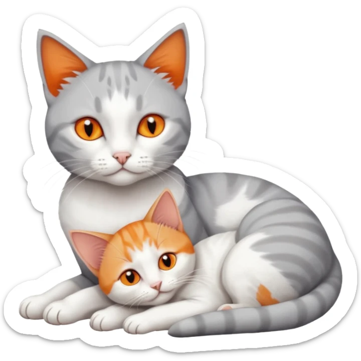 full body of a grey and white cat cuddling a very small + skinny ginger and white kitten with deep orange eyes and triangular shaped face lying down sticker