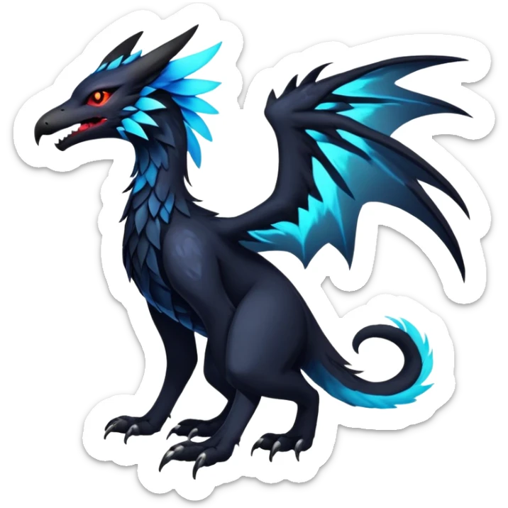 Black Dark Exotic Beaked Feathery Nocturnal Neon-glowing Abyssal Nightly Abyss-Cat-Gryphon-Salandit-Nargacuga-Silvally-Vernid-Sergal-Fakémon-Hybrid-Creature (full body) sticker