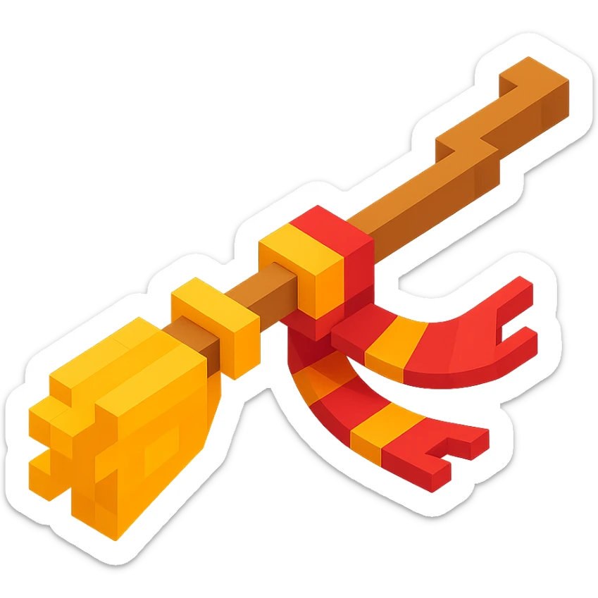 3D Minecraft-style voxel emoji of a flying broomstick with a scarf, inspired by Harry Potter, blocky and cubic sticker