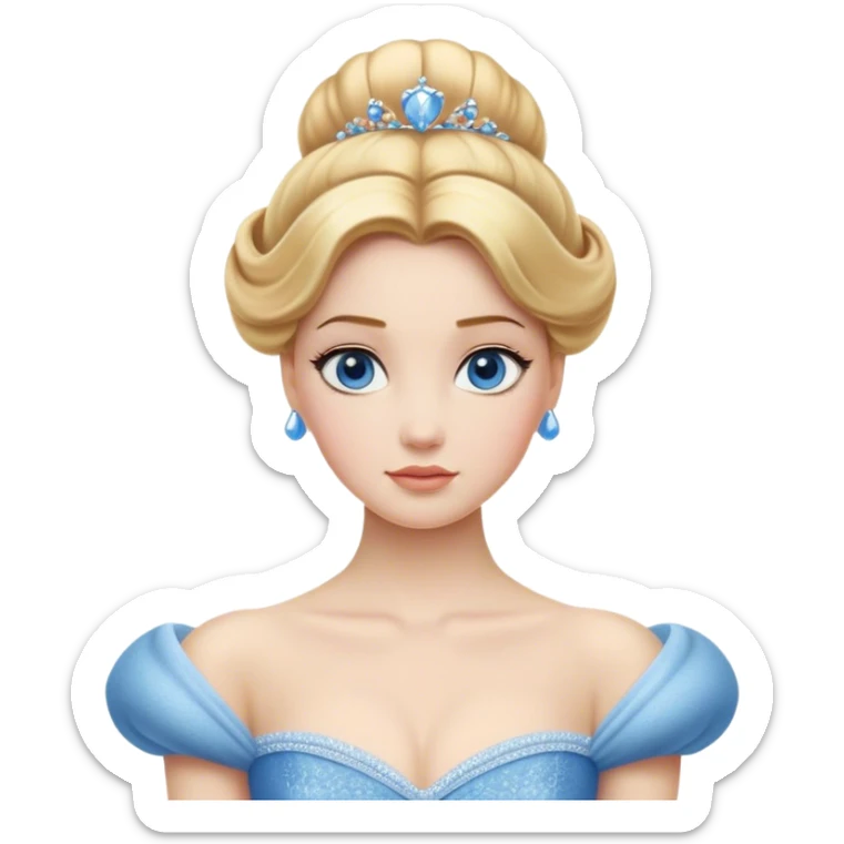 Cinematic Realistic Noble Cinderella Portrait, depicted with porcelain skin rendered in lifelike detail and soft, natural lighting that highlights every delicate nuance. Her intricately styled golden-blonde hair is arranged in an elegant updo, and her deep, expressive blue eyes radiate quiet determination. She wears her classic ball gown with rich fabric textures and delicate folds catching the light beautifully, all set against a subtly glowing, natural background that captures the essence of timeless royal grace. sticker