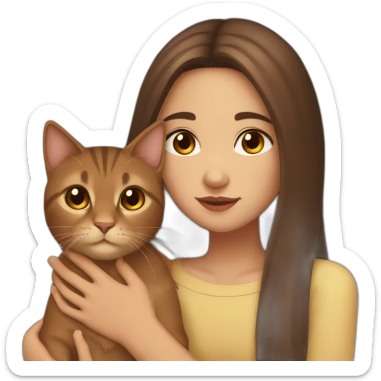Lights skin kabyle girl with long straight brown hair and eyes petting a brown cat sticker