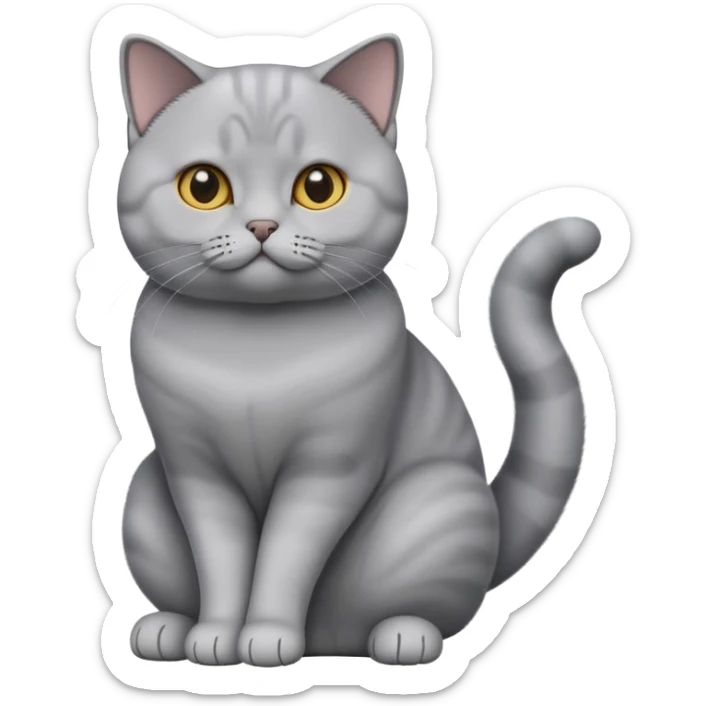 cinematic-[British shorthair cat]-realistic-full-body-sitting-emoji,-tail-curled-playfully-around-its-paws,-head-tilted-dramatically,-sleek-[grey]-fur,-simplified-yet-hilariously-adorable-features,-highly-detailed,-glowing-with-an-almost-sarcastic-glow sticker