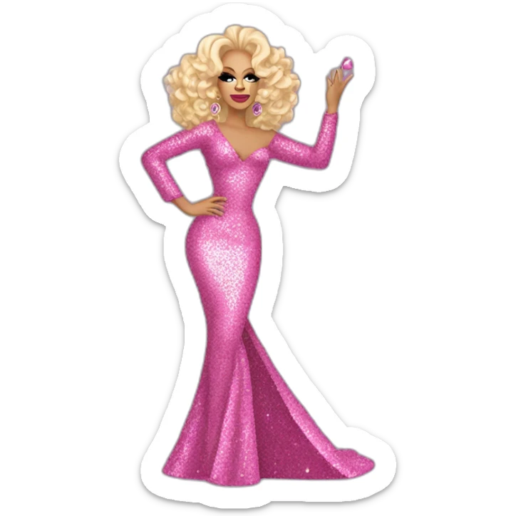 Drag queen Rupaul, curly blonde hair styled swept to the right. Full body, pink sequin dress, posed with left hand on her hip, right hand raised in the air. Iconic, legendary, victorious sticker