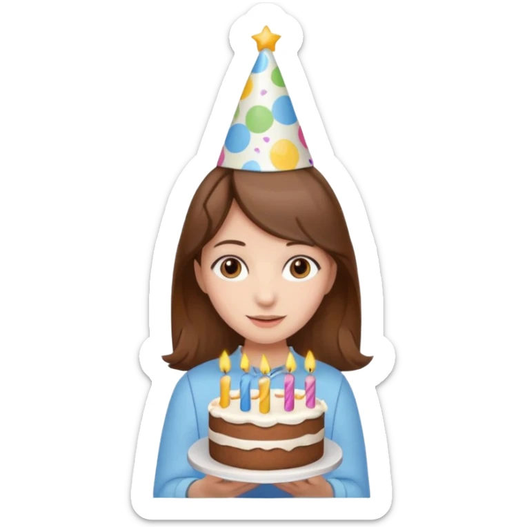 Girl with brown hair holding birthday cake and has birthday hat on head  sticker