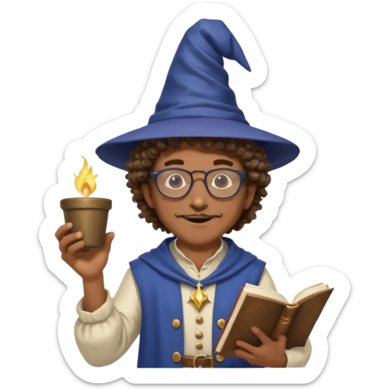 A Joyful Adult Male with Brown skin and Curly hair, wearing a Traditional outfit, a Wizard hat, Sunglasses, carrying a Spellbook, working as a farmer, while drinking Coffee and reading a Textbook. sticker