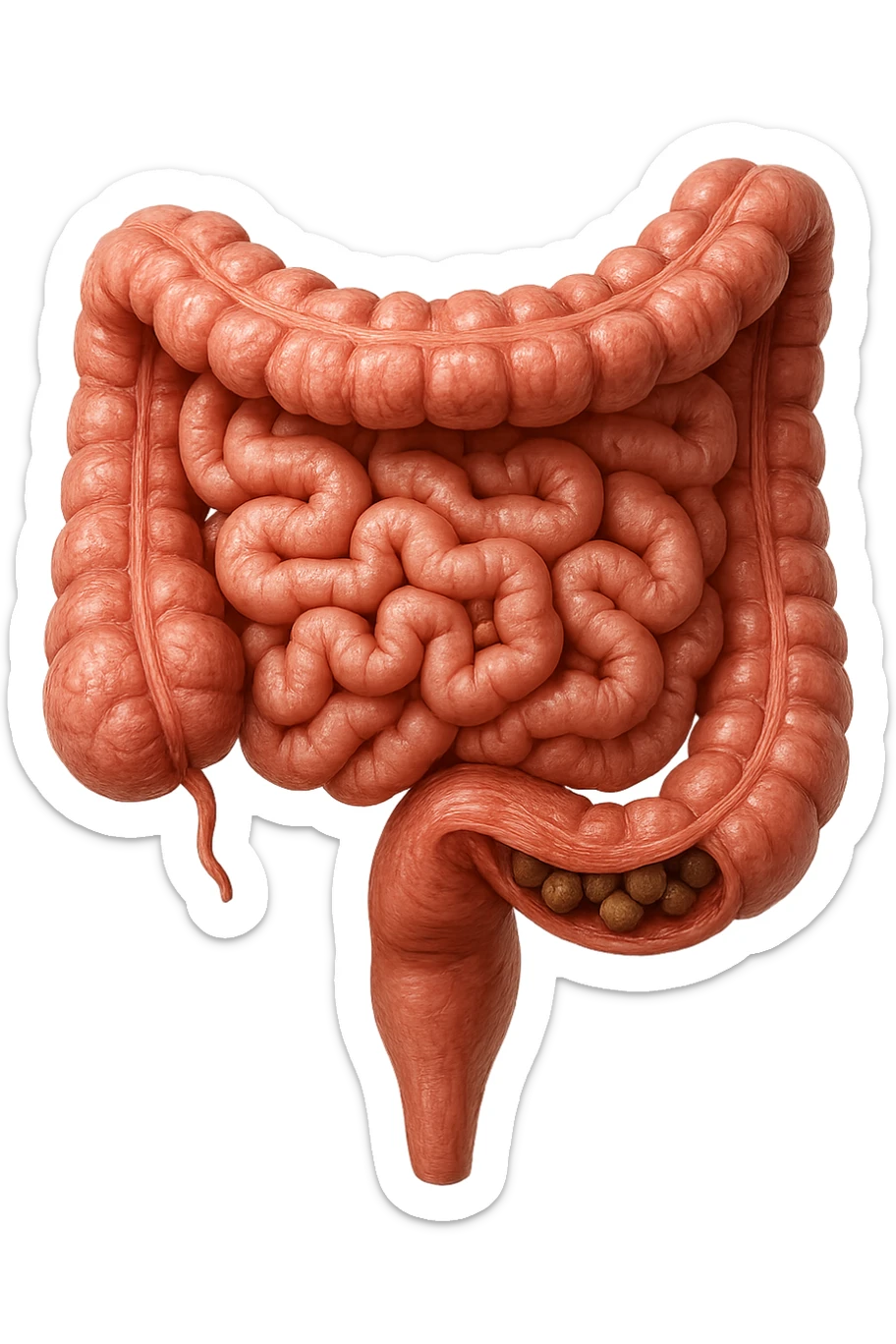 intestino umano anatomico, iperrealistico 4k, con feci a palline sticker