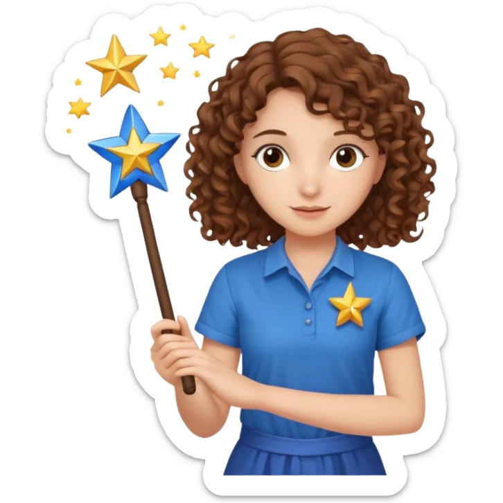 A girl with brown curly hair with a magic wand in her hand, with a star at the end of the wand, a girl wearing a blue shirt sticker