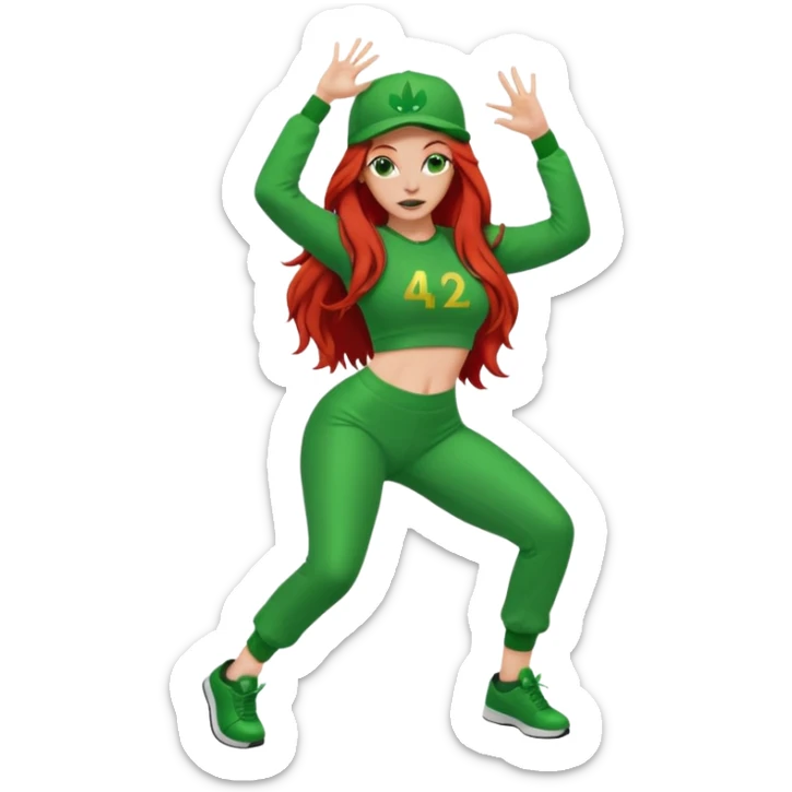 Thick white woman twerking with long red hair and green 420 outfit sticker