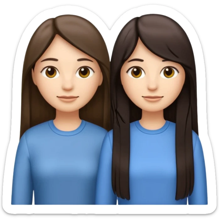 generate me emojis of sisters, one should look older, the other younger. the older one has dark brown hair, long, straight, the younger one is slightly lighter, also straight, long. clothes are any in principle, the main thing is that they more or less look like each other sticker