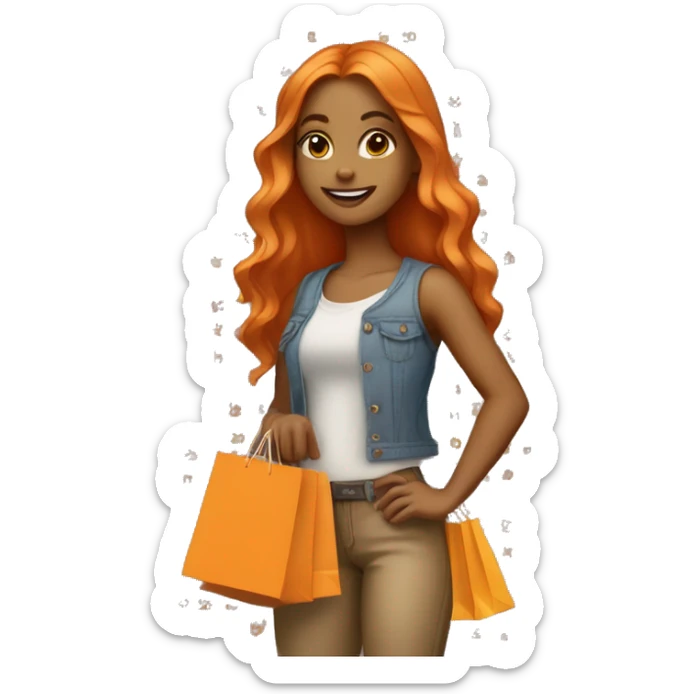 Tan girl with long orange hair wearing cute outfit holding shopping bags sticker