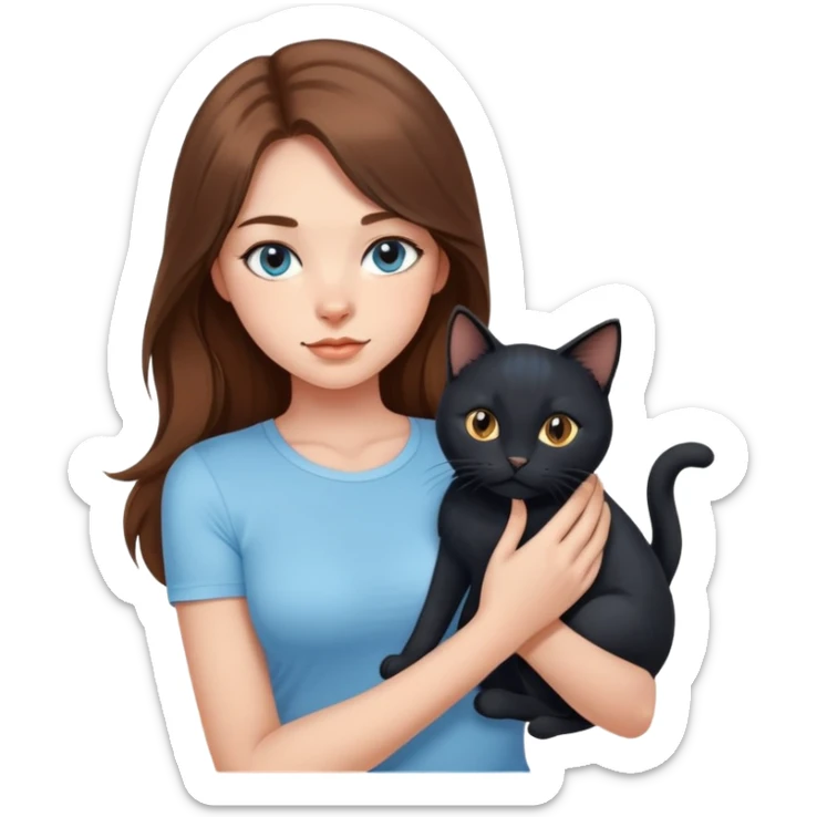 A sexy girl with long hair wearing a light blue tight short-sleeved shirt holding a black cat sticker