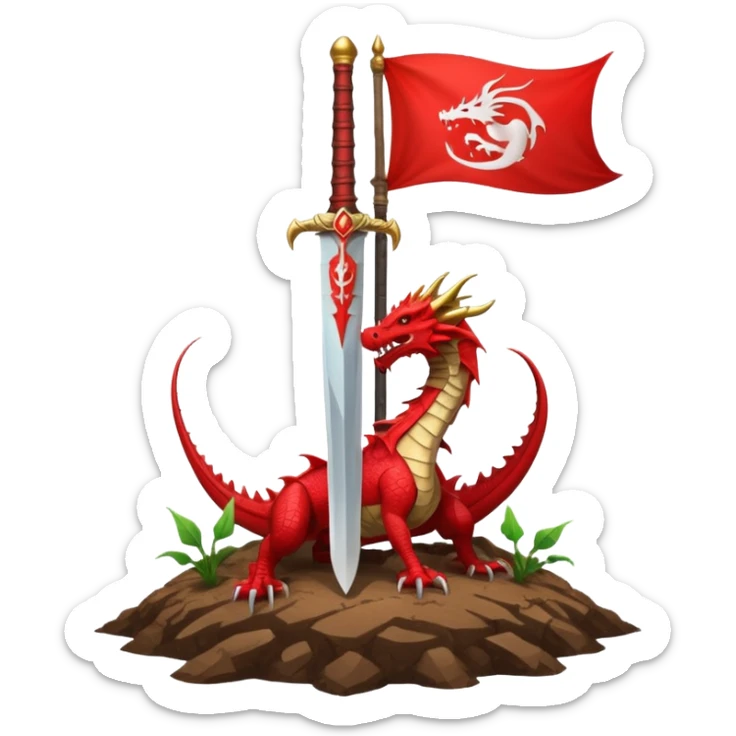 WhatsApp style emoji of a huge sword planted in the earth with a red banner with a dragon head waving behind it symbolizing preparation for battle and the start of a hunt clean epic transparent background sticker