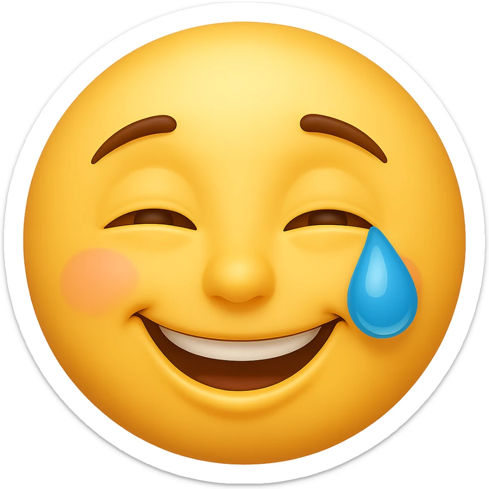 Edit the classic yellow emoji face to make the smile slightly brighter and add a single tear in one eye, keeping the cheerful but weary expression. No background. sticker
