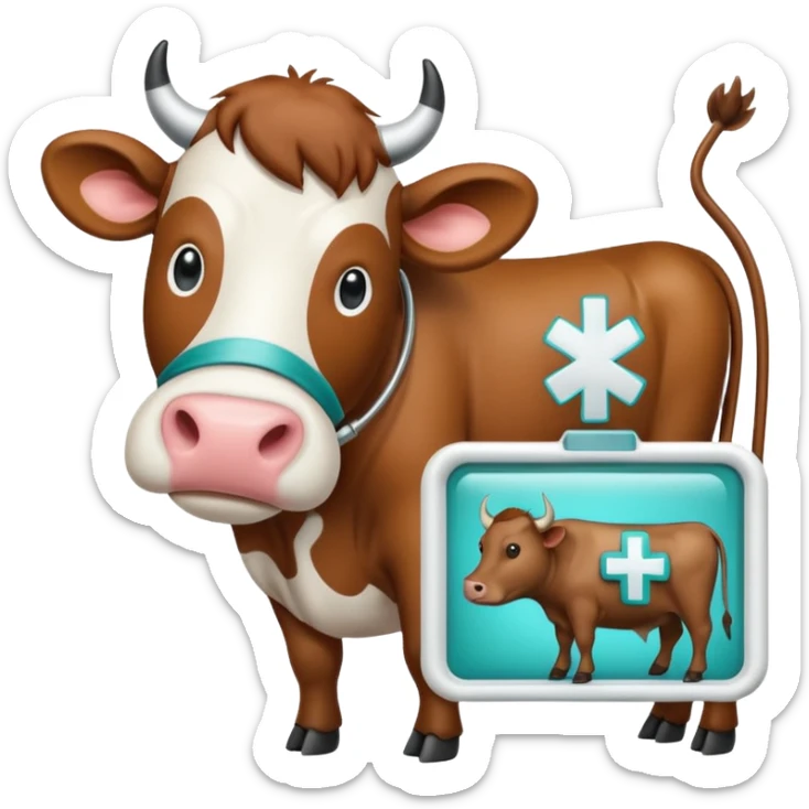 Emoji-style icon of a cow and buffalo with a medical cross and scan frame overlay, representing disease detection and health analysis. Friendly, clean, rounded design, clear at small sizes, teal and white accents, no text, transparent background. sticker