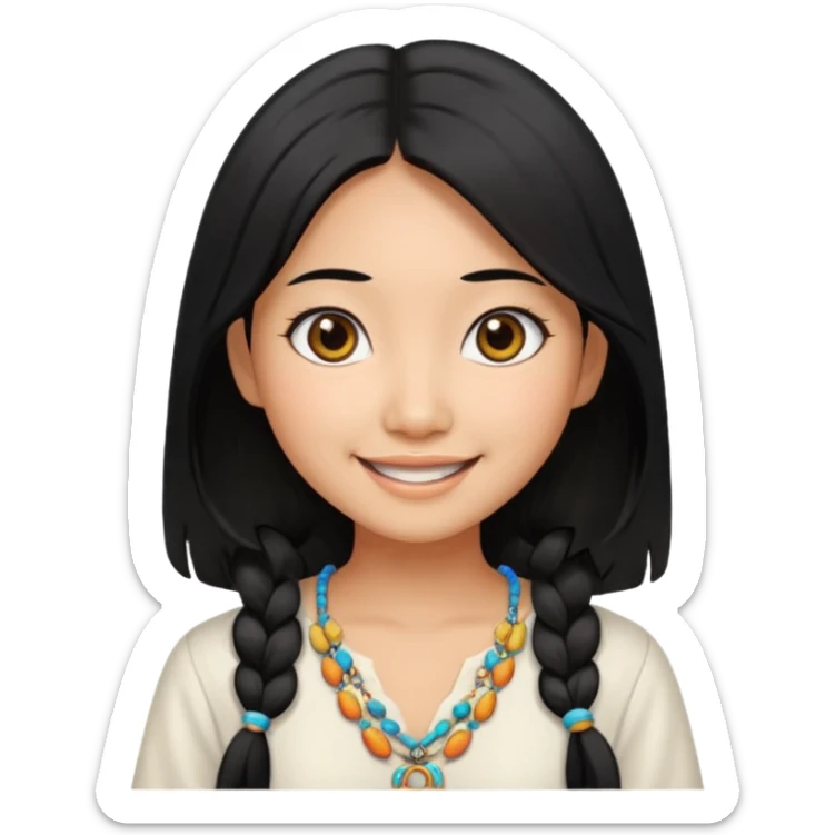 30 yr old asian woman center parted hair big eyes big smile tanned skin straight black hair hippie part hair white blouse sticker