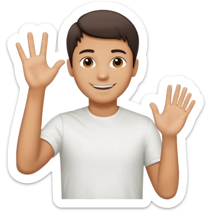 joven bronceado medio pelon oscuro muy cortito polera blanca sonrisa bonita saludando mano arriba sticker
