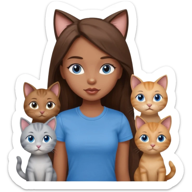 a pretty bratz dusky girl with long brown hair, blue eyes with six cats nd wearing a grey tshirt sticker