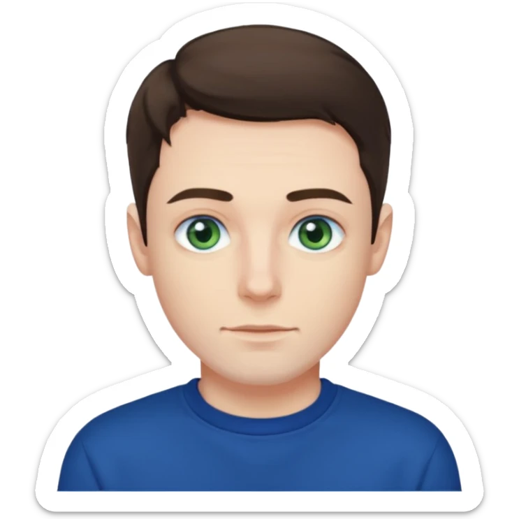 male , blue/green eyes , pale skin , brunette hair , dark blue sweatshirt sticker