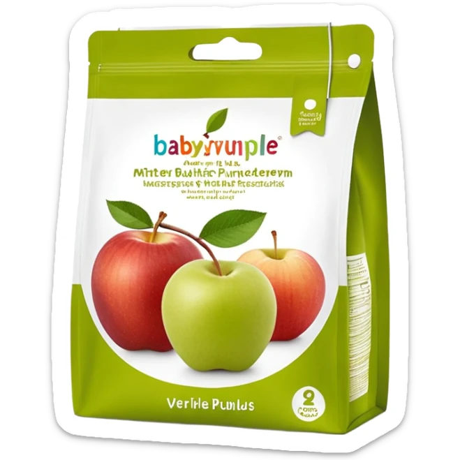 Ein weicher, bunter Standbeutel für Kinder, gefüllt mit püriertem Obstmus. Oben hat er einen kleinen wiederverschließbaren Schraubverschluss, aus dem Kinder direkt trinken oder saugen. Verpackung wie Babynahrung-Beutel aus dem Supermarkt, mit fröhlichem Obst-Design (Apfel, Banane, Erdbeere). sticker