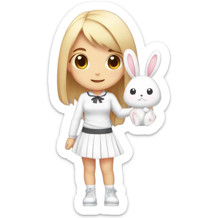 /anime, A chibi female girl with long hair in a ponytail holding a sign saying "Hi" Wearing a kawaii skirt and white kawaii top with a bunny hairclip sticker