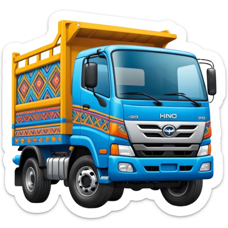 Emoji style illustration of a Hino 500 truck, colorful Peruvian decorative truck art, bright blue body, Andean patterns and vibrant painted details, bold outlines, flat vector style, clean shading, sticker design, centered, white or transparent background, high detail, cartoon style sticker
