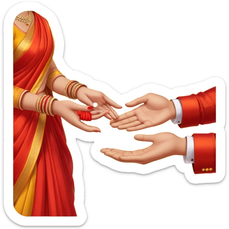 Two hands in a engagement..One hand of groom and one hand of bride. Bride hand - red/yellow saree. groom- light orange punjabi (oonly hands will be visible in the image) sticker