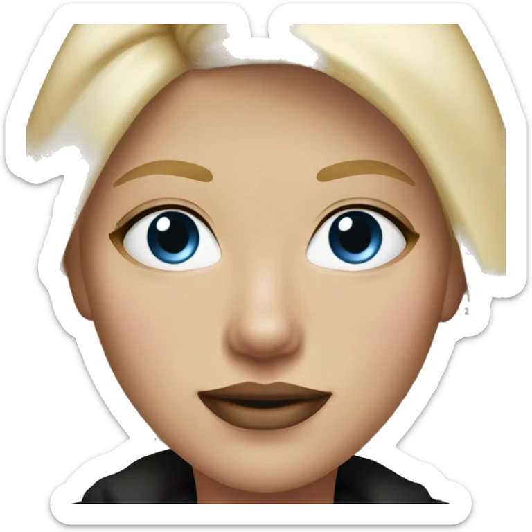 a woman with freckles, blue eyes, light skin, blonde hair and dark roots, pink lips. black clothes. sticker