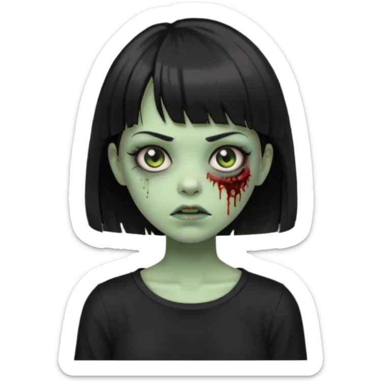 Zombie girl emoji verde com cabelo curto liso preto no ombro e franja na altura da sobrancelha com uma blusa preta sticker