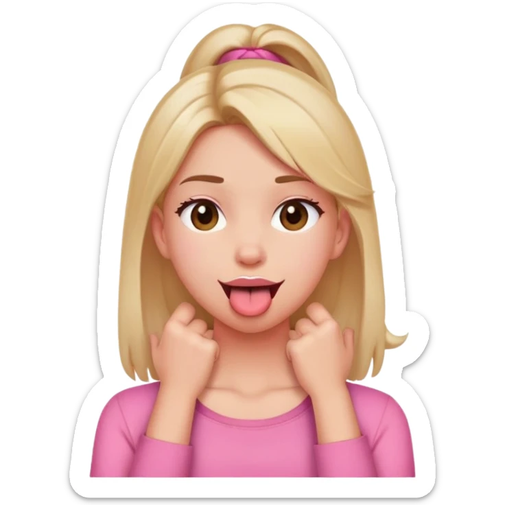 A girl with hands crossed on her neck and tongue out pink shirt sticker