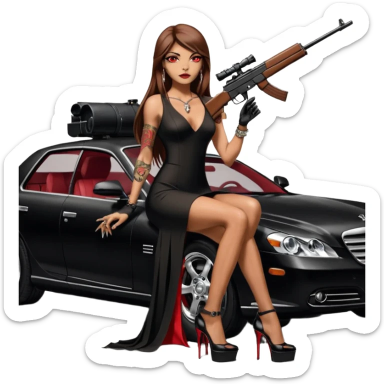 Lilith tan skin female red eyes symbol. Tattoo arms. Her hair is brown straight long hair.wearing sexy long sexy Chanel dress with slit. black stiletto thick platform high heels shoes on. Sitting on giant luxury car with cash inside . She is holding a sniper rifle in one hand cash in other hand sticker