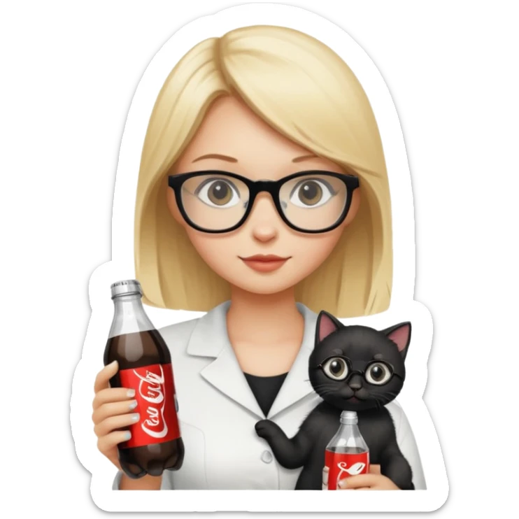 Beautiful blonde girl with glasses holding a black kitten in one hand and Diet Coke bottle in the other  sticker