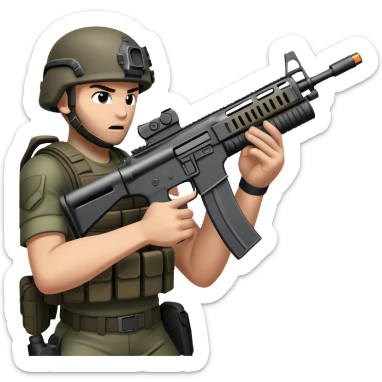 hands gripping an assault rifle or pistol in the foreground, inspired by Call of Duty Modern Warfare 2. The background features a battlefield with enemies in the distance, creating a tense and action-packed atmosphere. Transparent background highlights the focus on the weapon and combat. sticker