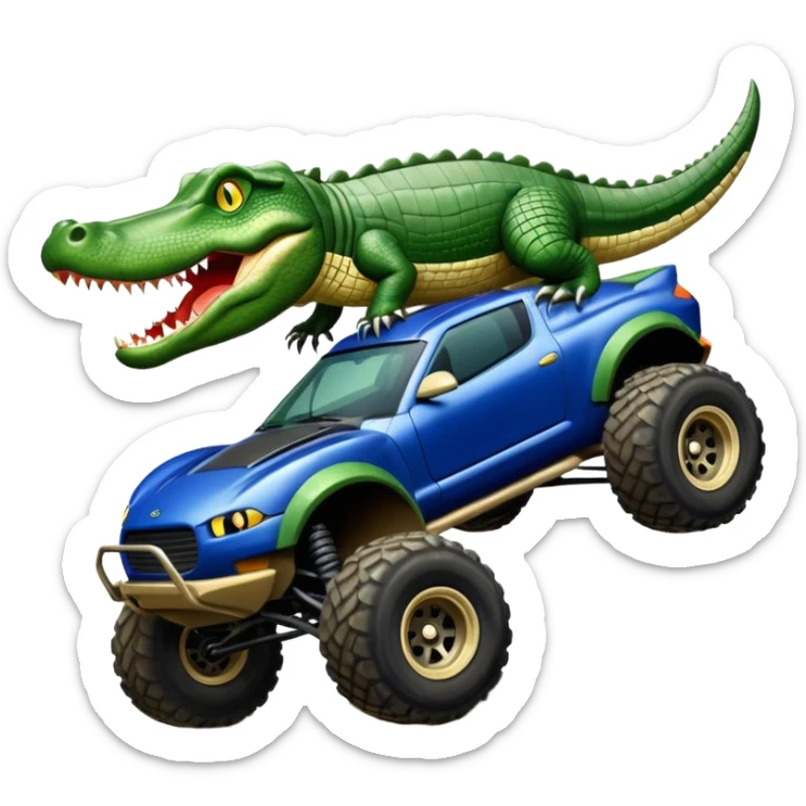 Dirty Joke’s Midnight-blue Local Motors Rally Fighter off road race car being driven by a five foot tall alligator over a dirt ramp  sticker