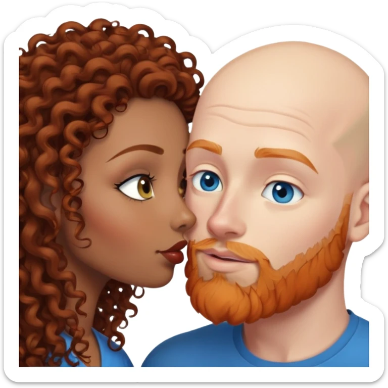 Bald white male with ginger beard and blue eyes kissing indian brown woman with jet black curly hair sticker