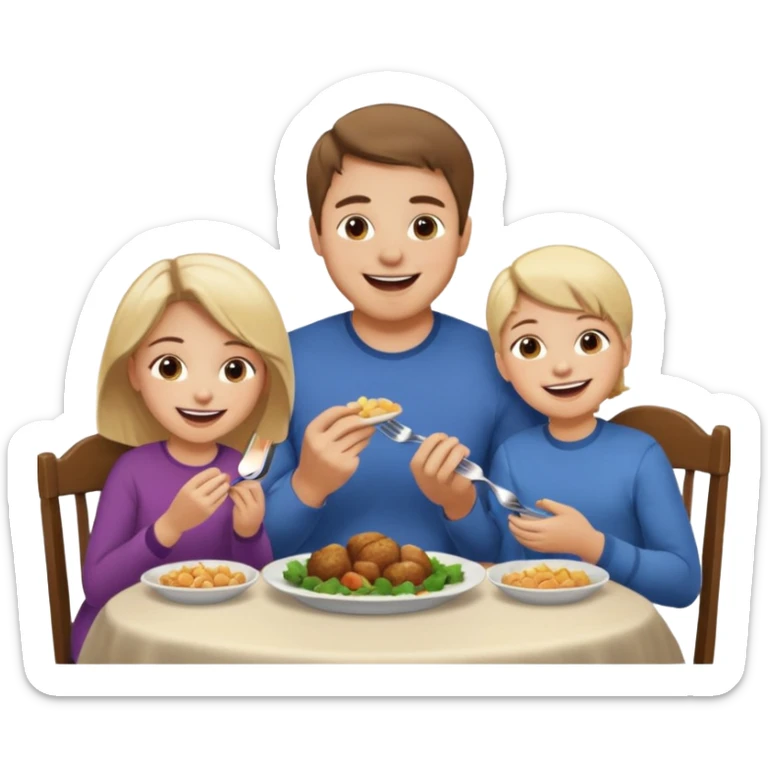 Family eating dinner and laughing together. Husband, wife, boy and girl (4 years old each) sticker
