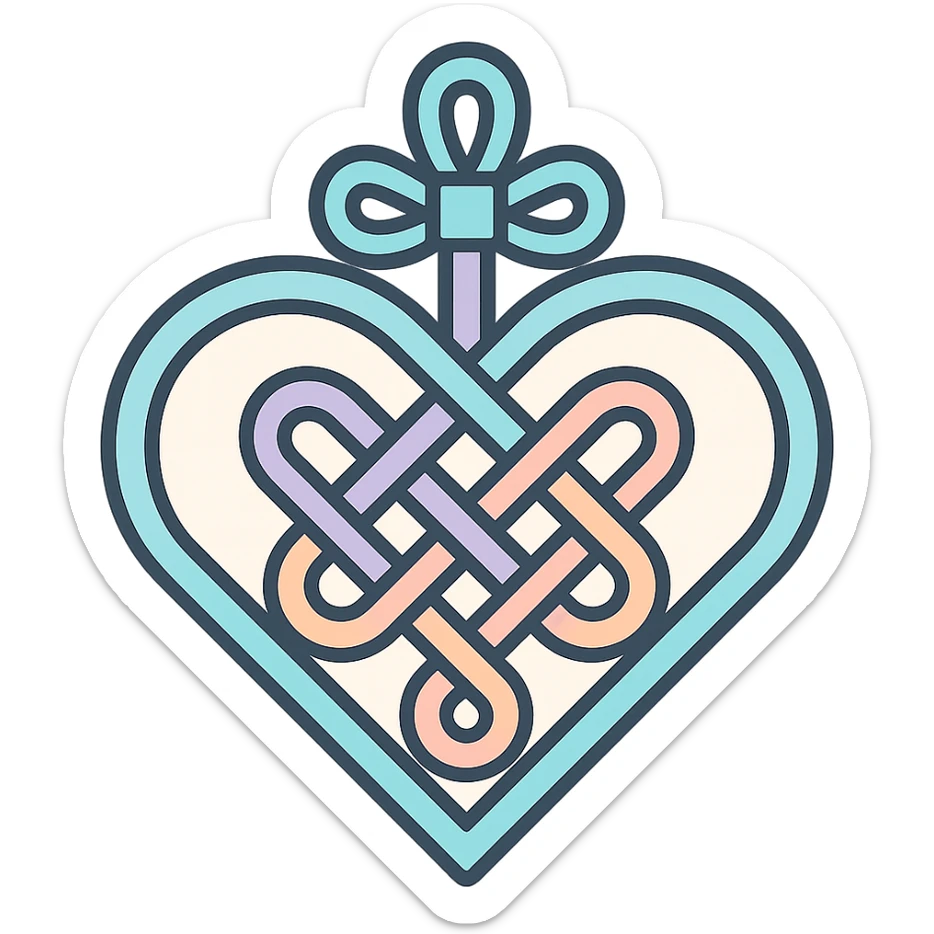Chinese happiness knot in heart shape, icon-color-outlined style, detailed shadows and highlights, thin clean outlines, soft rounded shapes, pastel palette #98B5BC, #B5B3C1, #C9A3C9, #E4C0CA, #F7DCD1, #F7C0AA, modern Japanese pop art and sticker aesthetic, high detail, vector sharpness, soft lighting, transparent background sticker
