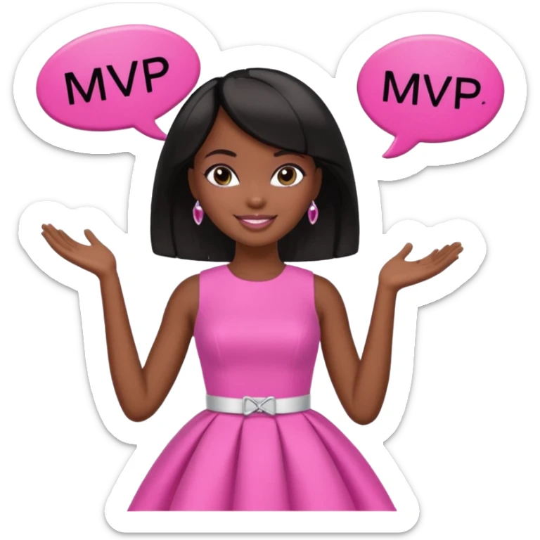 Dark skin Black barbie, short  black bob  hair, pink dress with a sign that says mvp sticker