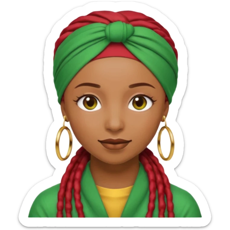 Non-portrait Jayci-vibe emoji, 1024 PNG, transparent. Headwrap (muted R-G-G), hoops, locs hint; soft smile, golden inner glow + faint heart aura. Embed: first-love, roots calm, playful grace, protective joy, consent. sticker