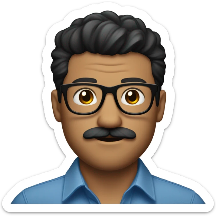  emoji of white man, black hair. blue button up shirt, black glasses, bear and mustache. tattoo of rose on right arm and apple watch sticker