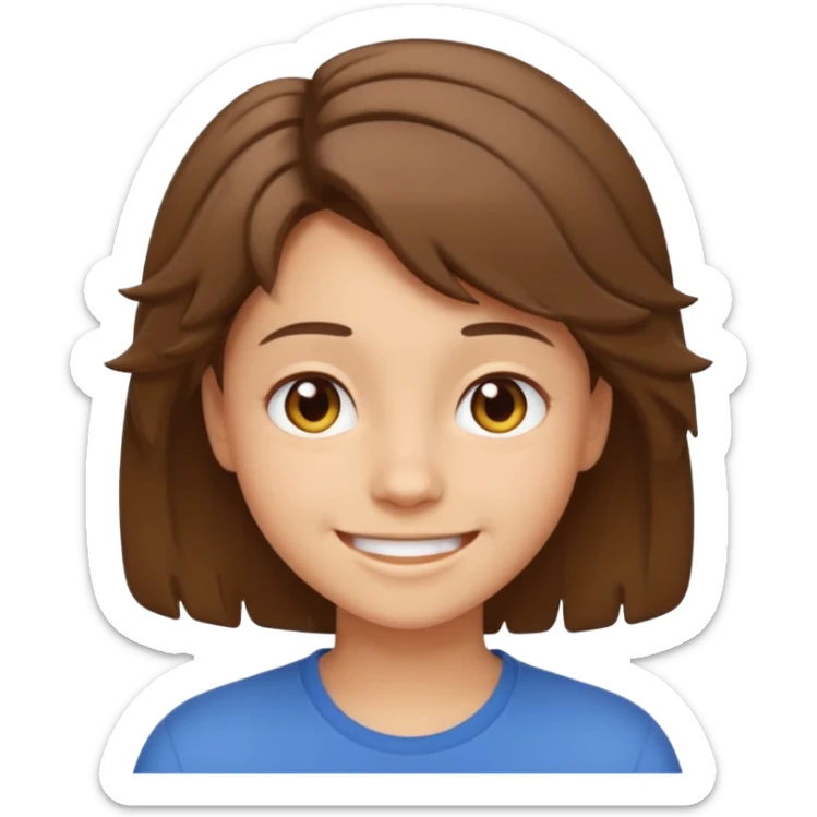 face of young person with short tousled brown hair, light skin, smiling expression, emoji style sticker