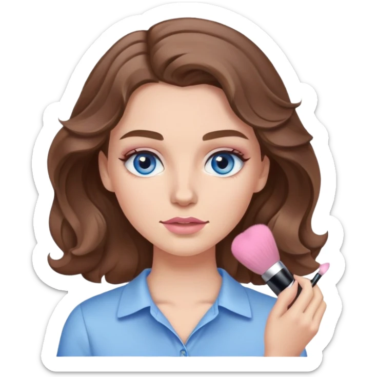 White girl with wavy brown hair and blue eyes and a light pink shirt putting makeup on sticker