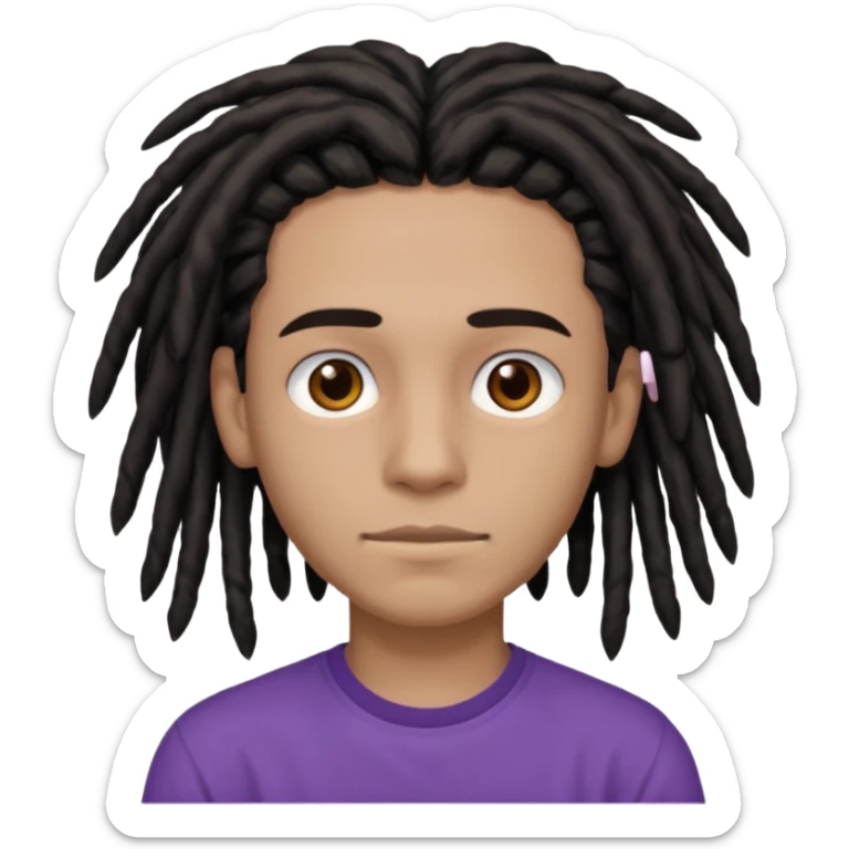 brown teen with black dreads in a middle part with brown eyes and a small faint mustache and purple shirt sticker