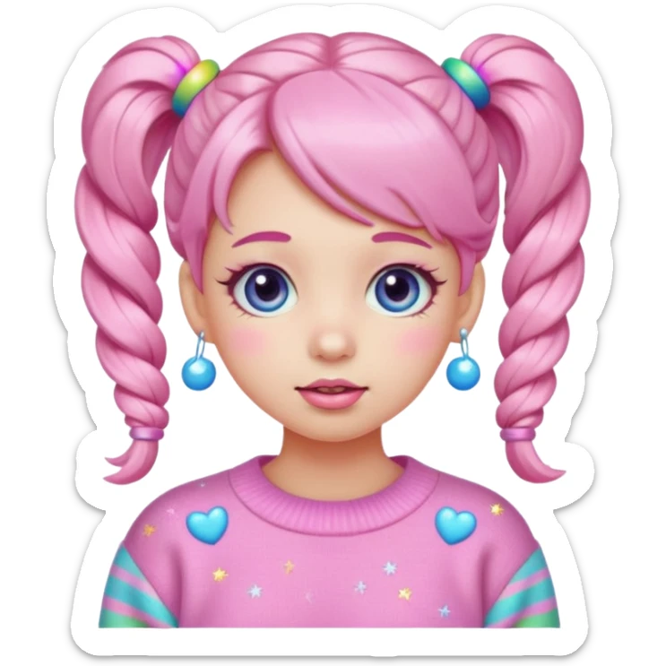 “Emoji girl, pastel pink blush, sparkly wide eyes, glossy bubblegum lips, hair in cute pigtails with colorful clips, wearing oversized pastel sweater.” sticker